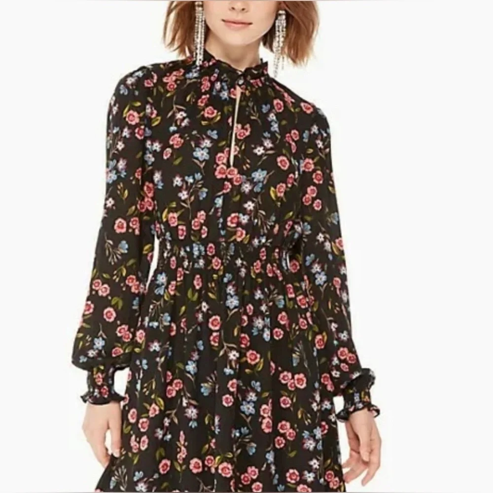 Kate Spade Black Meadow Floral Smock Waist Dress XS‎